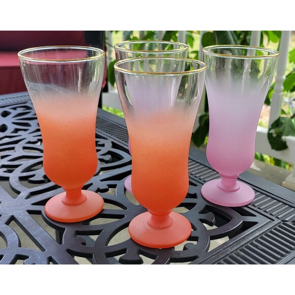 Set Of 4 Vintage Frosted Blendo Glass Drink Parfait Glasses Purple And Orange - Picture 1 of 6